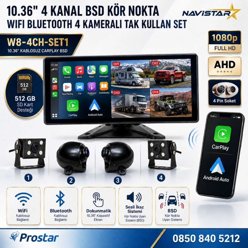 10.36 inç 4 Kameralı 1080P Kablosuz Carplay Wifi Bluetooth Fm Transmitter Tak Kullan Kamera Seti