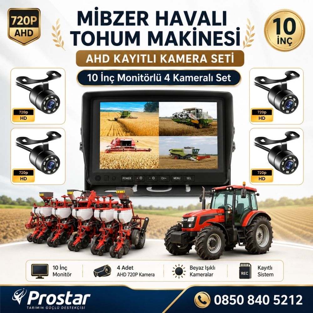 10 inç Monitör 4 Kameralı Mibzer Havalı Tohum Makinesi AHD Kayıtlı Kamera Seti