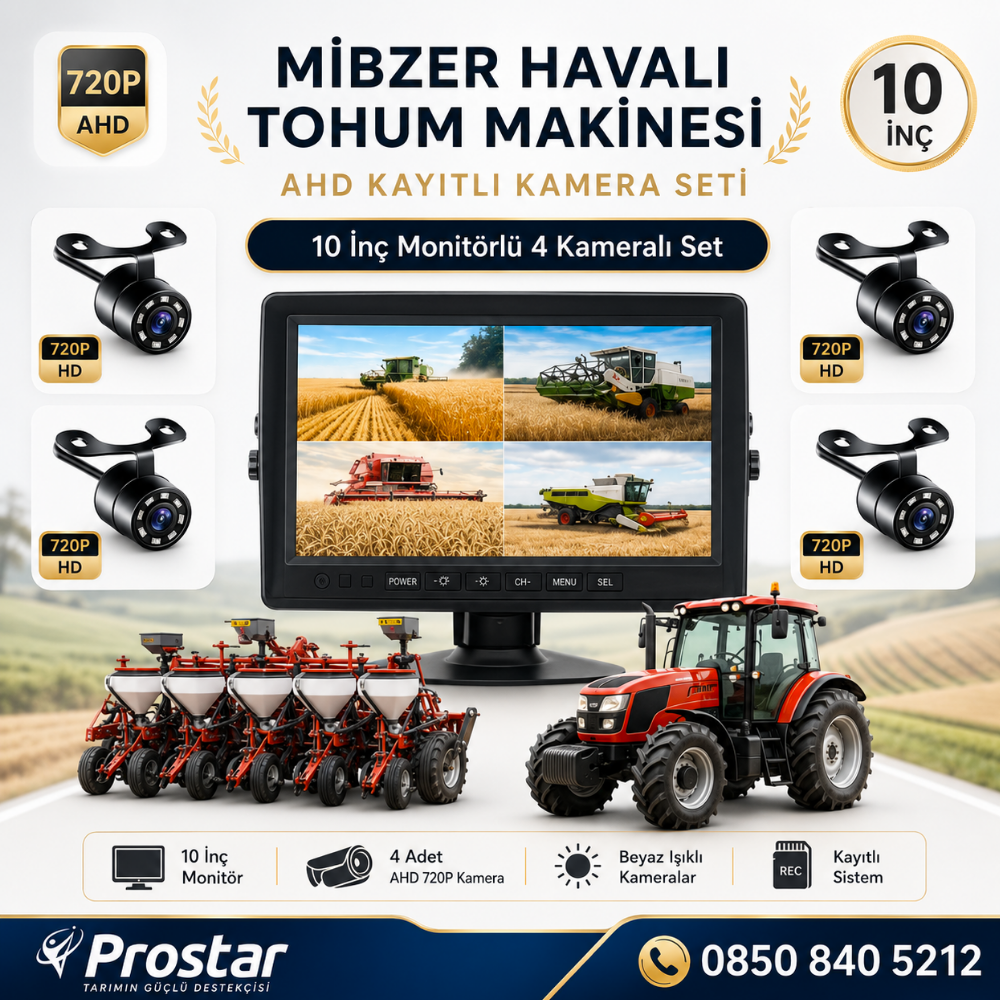 10 inç Monitör 4 Kameralı Mibzer Havalı Tohum Makinesi AHD Kayıtlı Kamera Seti
