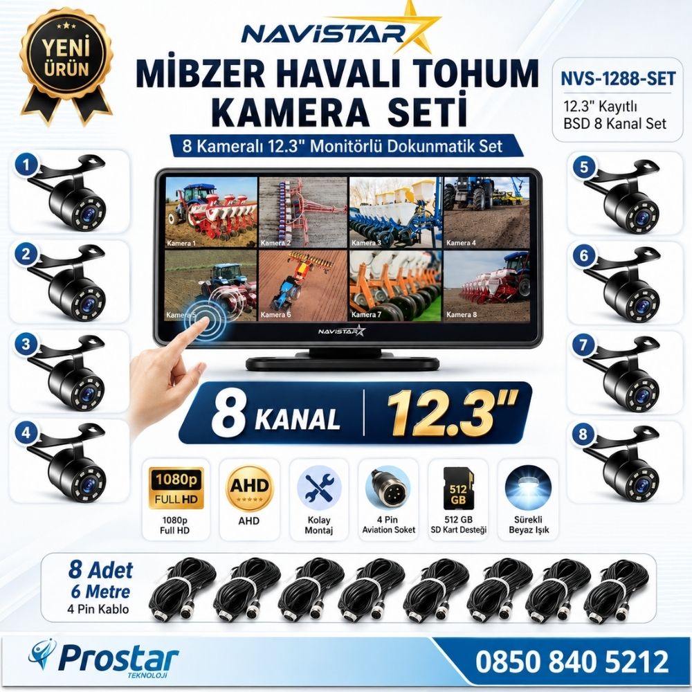 12.3 inç Dokunmatik 8 Kameralı Mibzer Tohum Seti AHD Işıklı Kameralı Tak Kullan Set