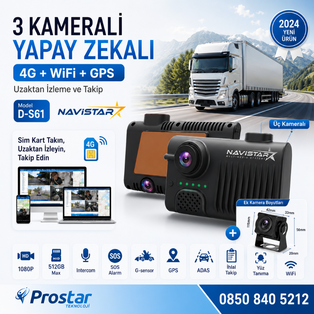 3 Kameralı 4G Uzaktan izlemeli GPS Wifi Yapay Zekalı Akıllı Dashcam Kamyon Tır Kamera Sistemi