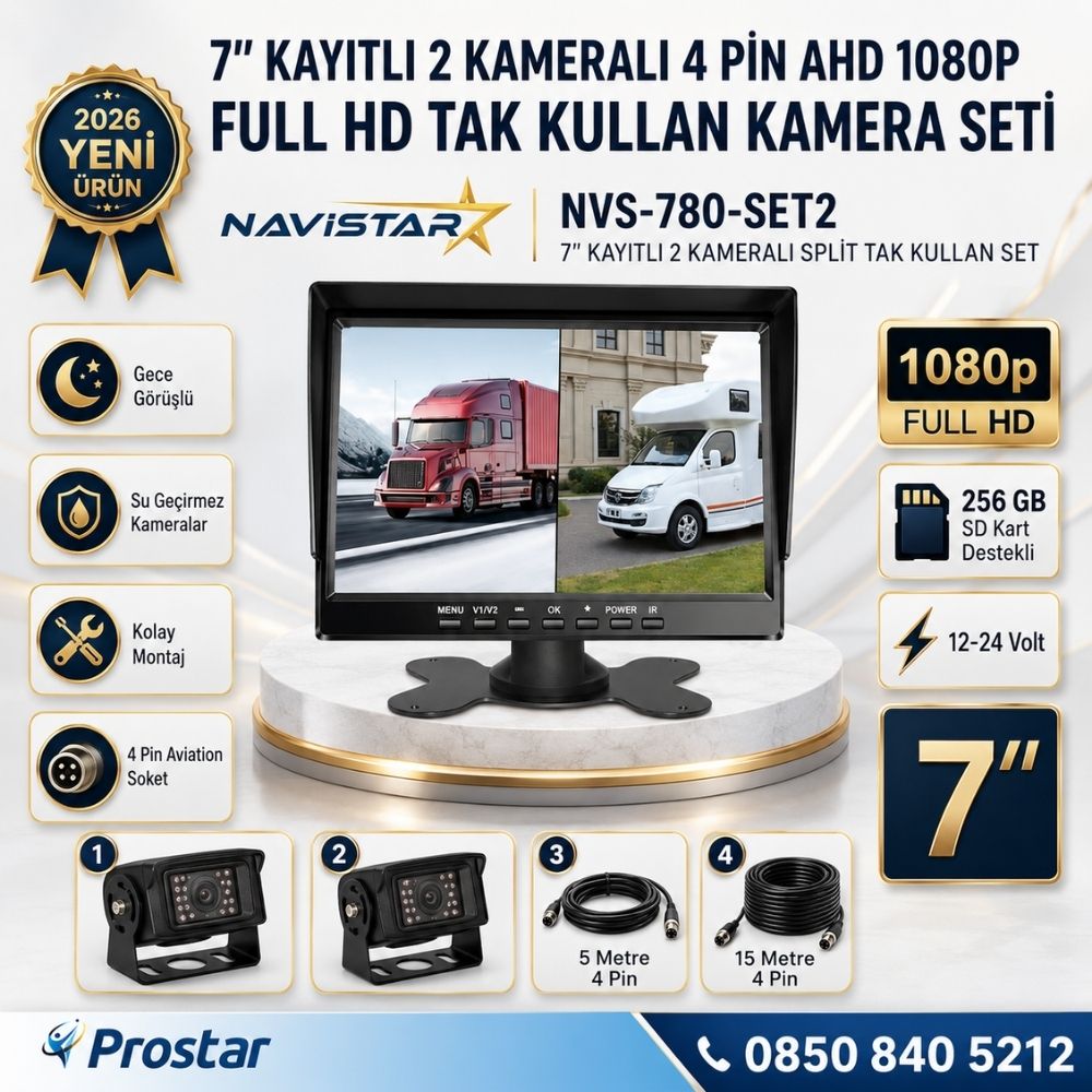 7 inç 2 Kameralı Kayıtlı 1080P Full HD Araç Güvenlik ve Geri Görüş Seti (12-24V)