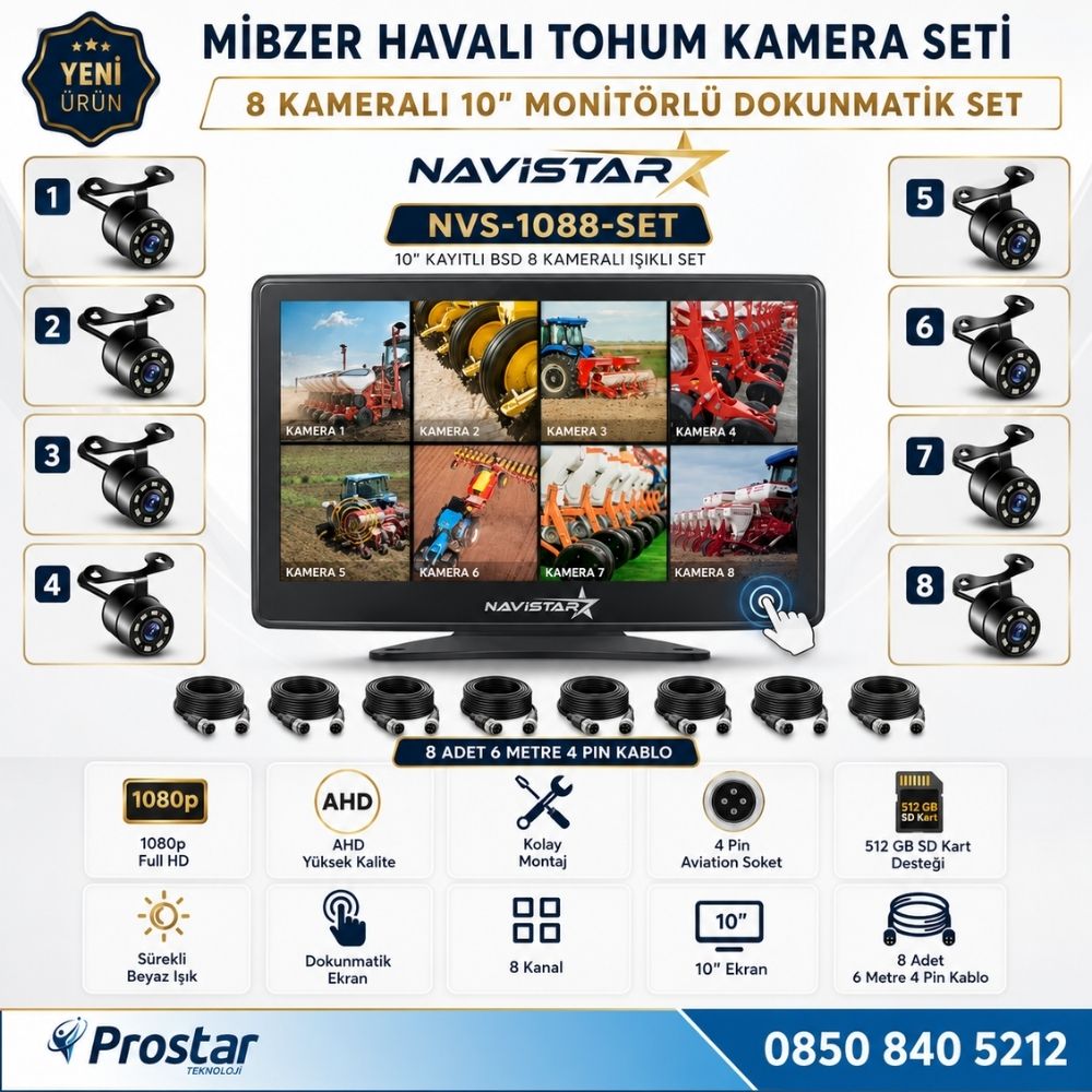 8 Kameralı 10 inç Dokunmatik Mibzer Tohum Seti AHD Işıklı Kameralı Tak Kullan Set