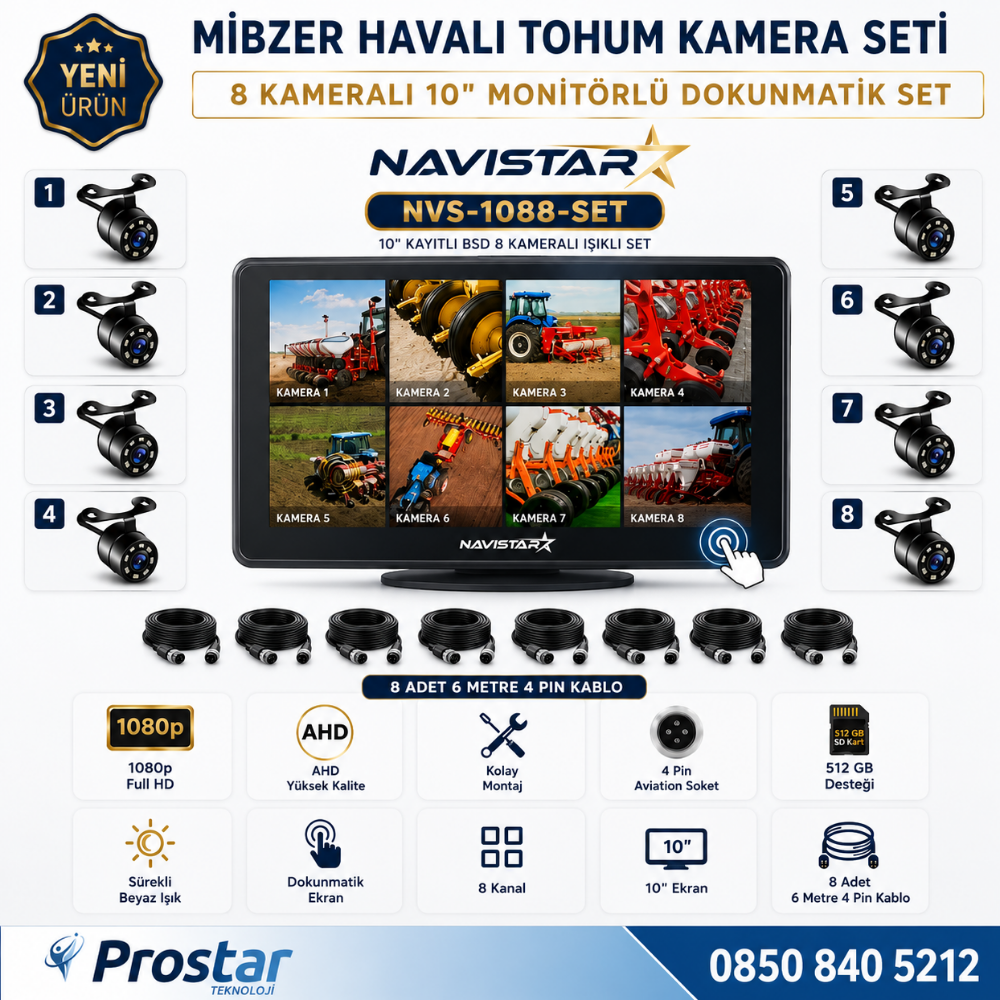 8 Kameralı 10 inç Dokunmatik Mibzer Tohum Seti AHD Işıklı Kameralı Tak Kullan Set