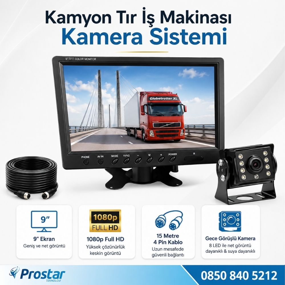 Kamyon Tır ve İş Makinaları için 9 inç AHD Monitörlü 1080P Full HD Kameralı Tak Kullan Set