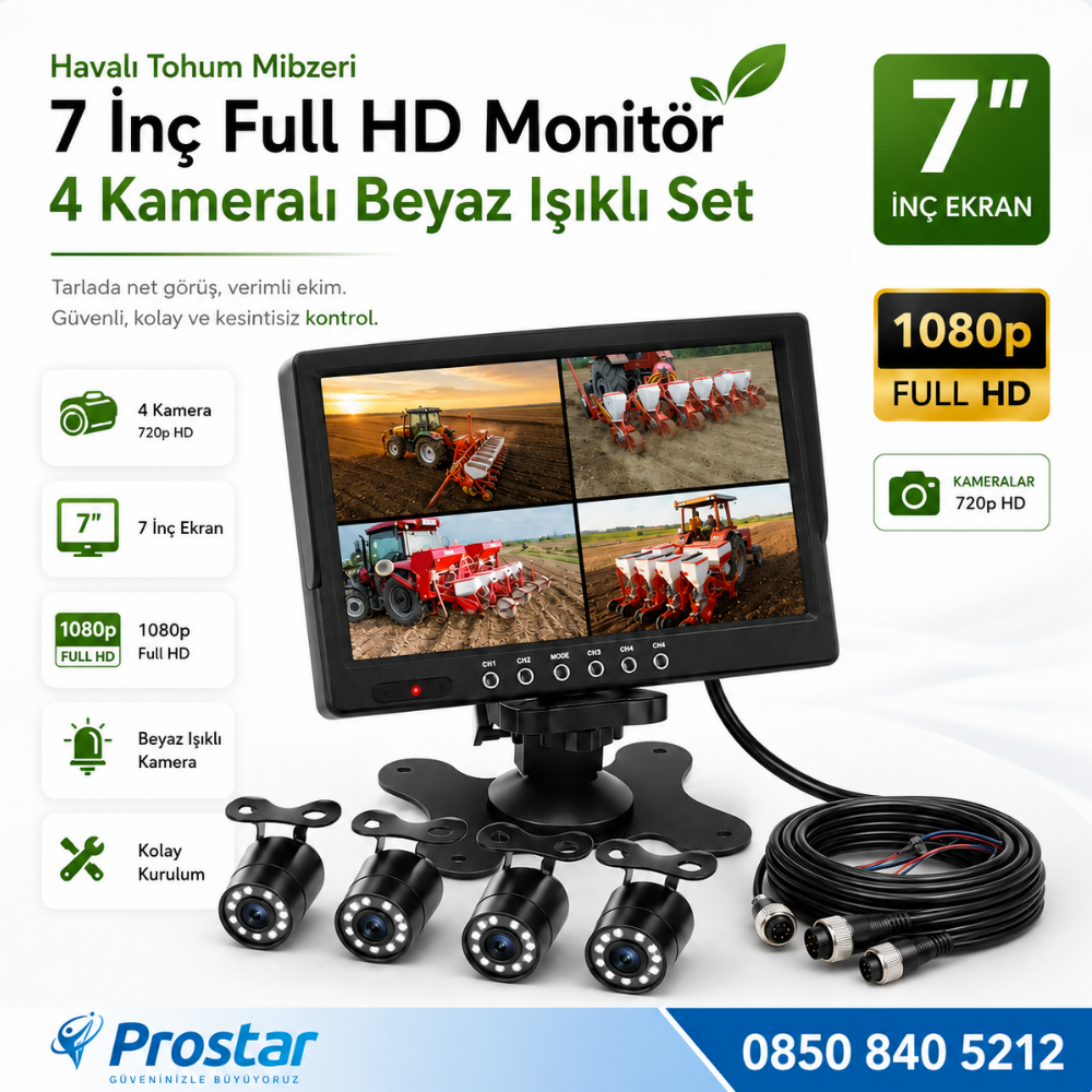 Mibzer için 4 Kameralı 720P Beyaz Işıklı 7 inç Dörde Bölünür AHD Monitör Seti