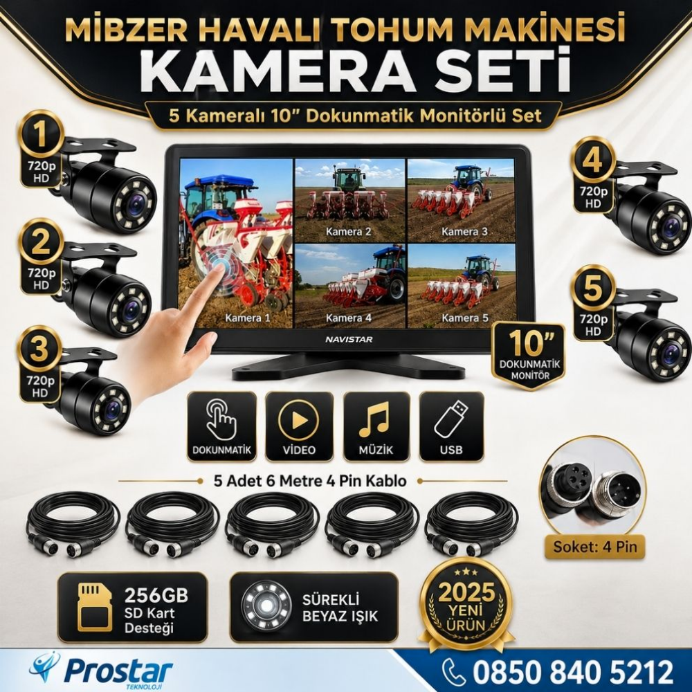 Mibzer için 5 Kameralı 10.36 inç Dokunmatik Monitör Beşe Bölen Kayıtlı 256 Gb Sd Kart Destekli