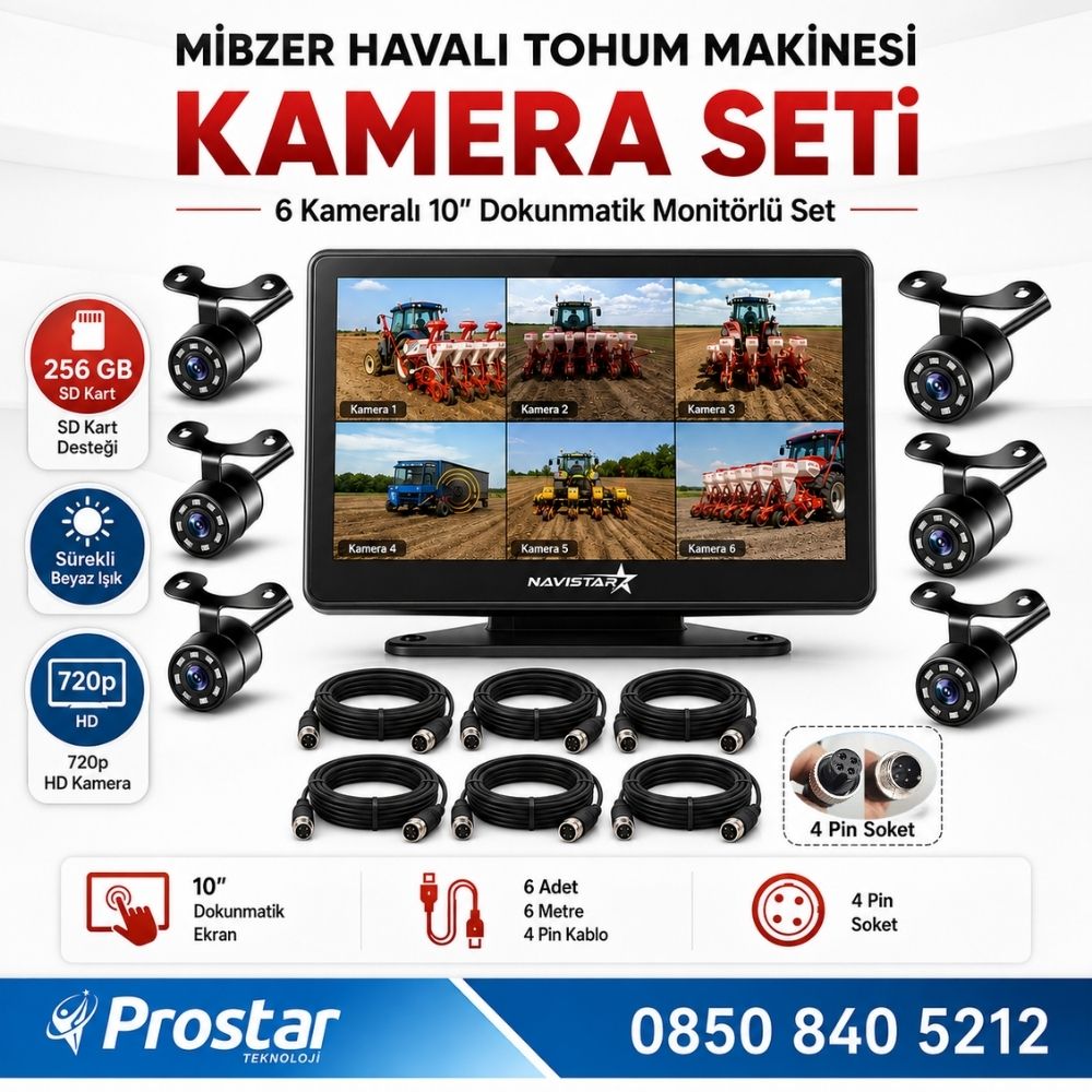 Mibzer için 6 Kameralı 10 inç Dokunmatik Monitör Altıya Bölen Kayıtlı 256 Gb Sd Kart Destekli