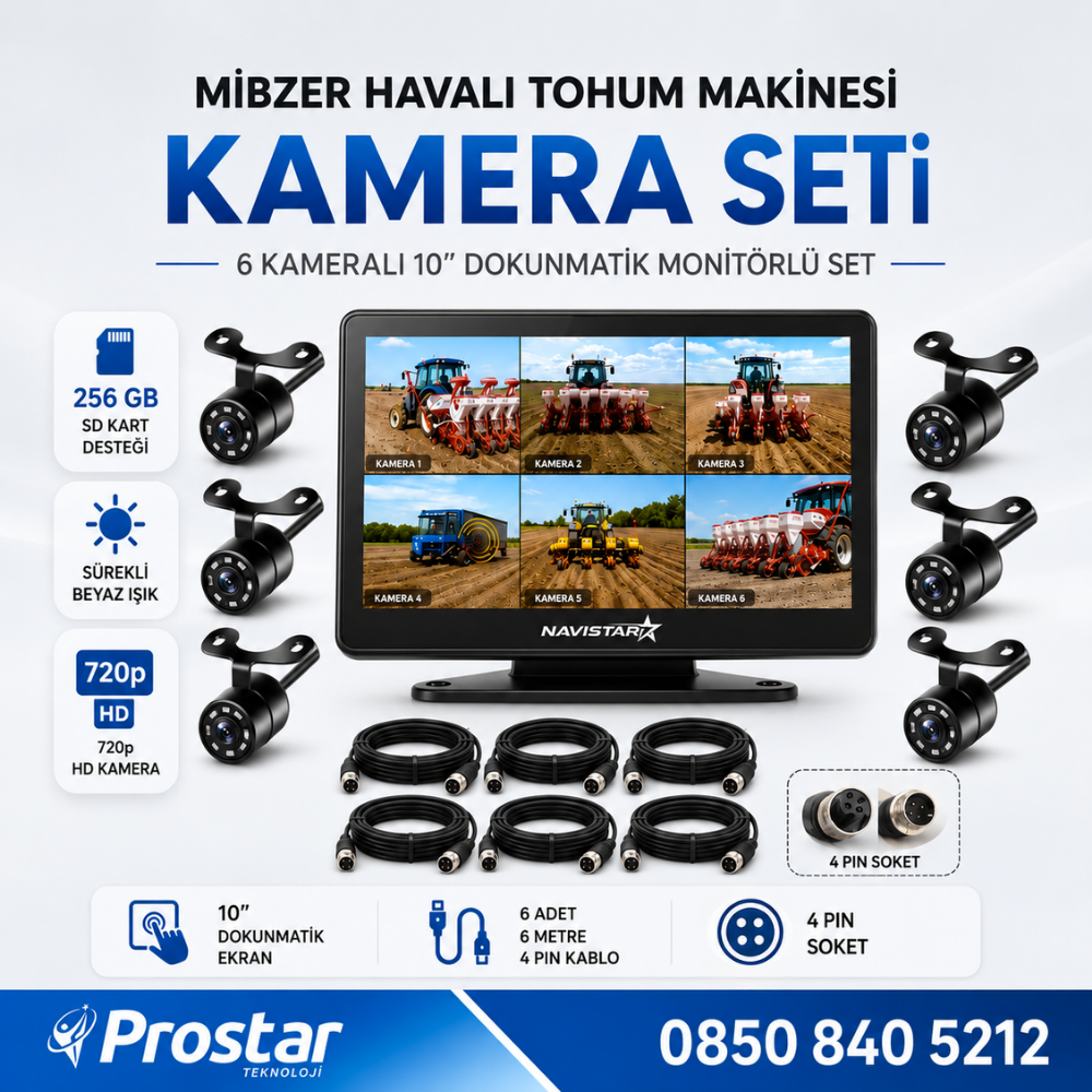 Mibzer için 6 Kameralı 10 inç Dokunmatik Monitör Altıya Bölen Kayıtlı 256 Gb Sd Kart Destekli