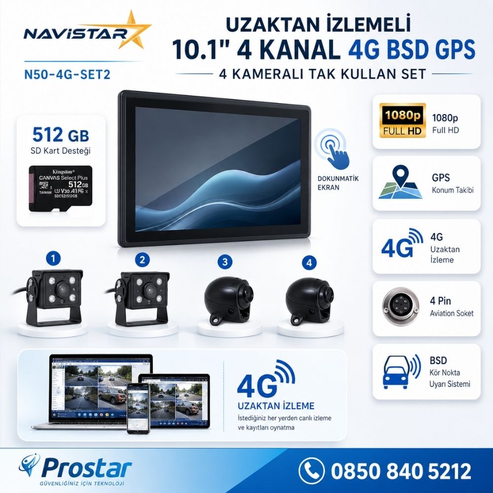Uzaktan izlemeli 10 inç 4 Kanal 4G GPS BSD Kör Nokta Uyarı Sistemli IR Led Kameralı Profesyonel Araç Kamera Seti