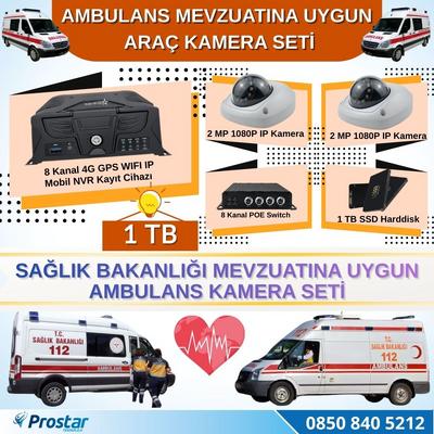 Ambulans Mevzuatına Uygun 1 TB 2 Kameralı 8 Kanal Mobil NVR Tak Kullan Set