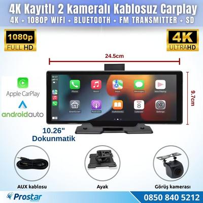 Dokunmatik 10.26 inç 4K+1080P Çift Kameralı Kablosuz Carplay Wifi Bluetooth Set