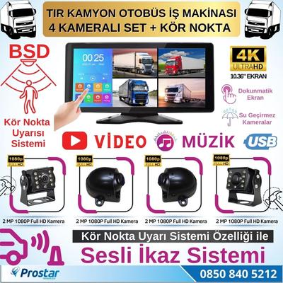 Tır ve Kamyon 10.36" Dokunmatik 4 kameralı 256 GB Destekli Kör Nokta Uyarı Sistemli Kamera Seti