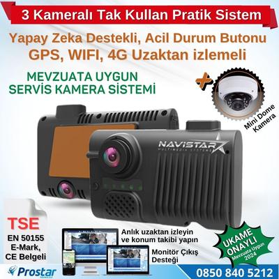 Servis Mevzuatına Uygun 3 Kameralı Monitör Çıkışlı 4G GPS WIFI Acil Durum butonu dahil Pratik Montaj Kamera Seti